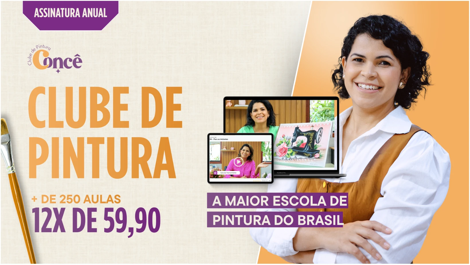 Banner “Clube de Pintura”; assinatura anual, +250 aulas, 12x de 59,90; mulher sorrindo e telas com as aulas.